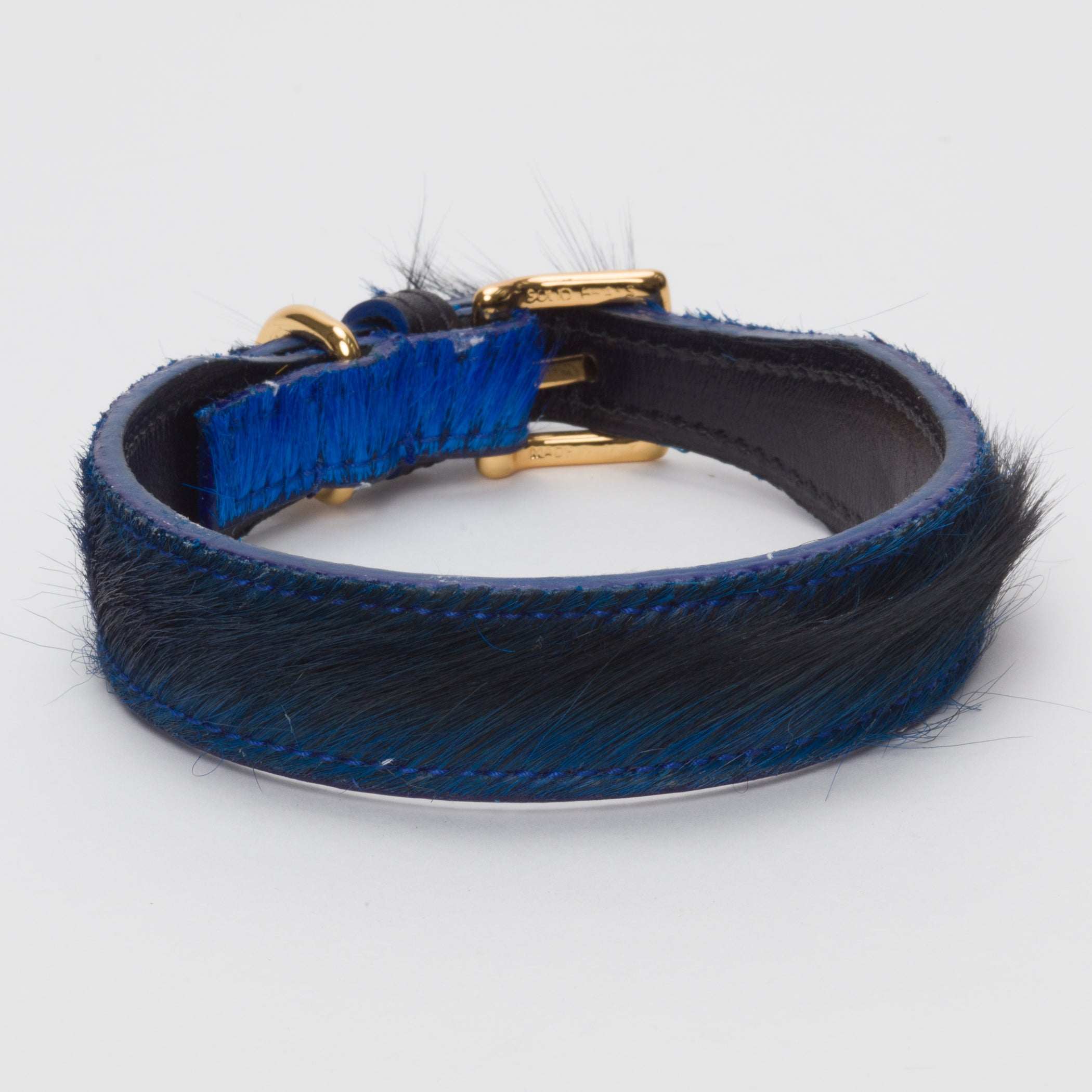 A luxury dark blue Springbok leather collar with brass hardware, designed for medium dogs.