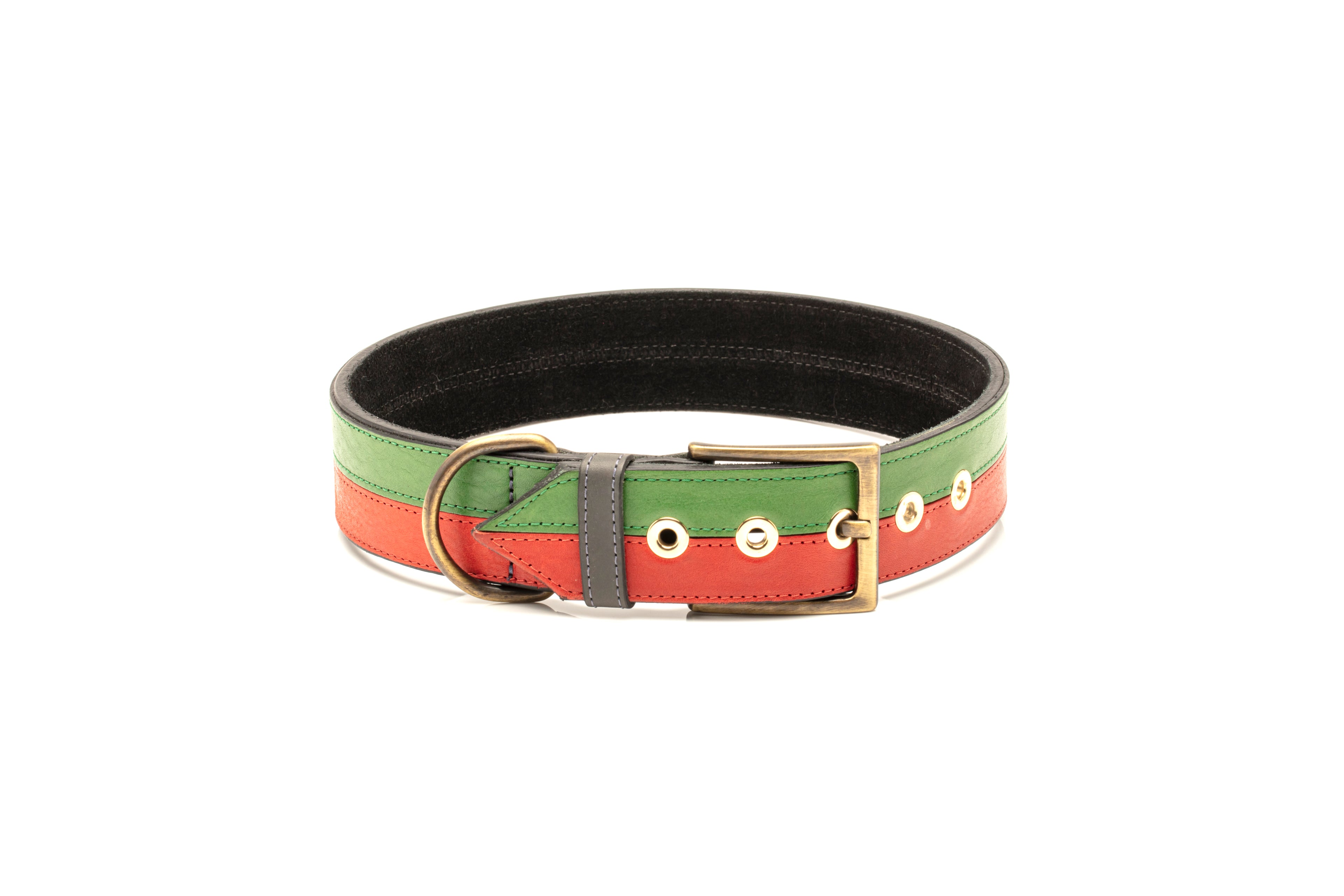 TWO-TONE CONTRAST LEATHER COLLAR IN RACING GREEN & CHERRY RED