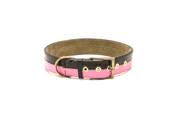TWO-TONE CONTRAST LEATHER COLLAR IN YUCATAN BLACK & FUSHIA PINK