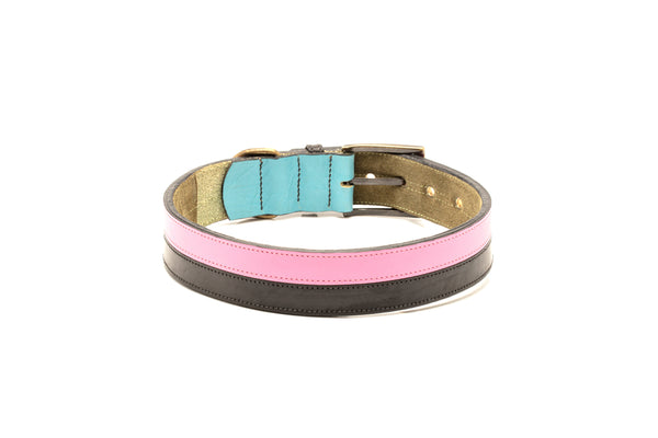 TWO-TONE CONTRAST LEATHER COLLAR IN YUCATAN BLACK & FUSHIA PINK