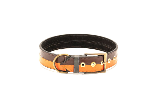 TWO-TONE CONTRAST LEATHER COLLAR IN YUCATAN BROWN & VIBRANT ORANGE