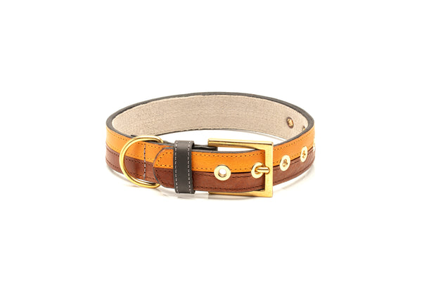 TWO-TONE CONTRAST LEATHER COLLAR IN NATURAL BROWN & MUSTARD TAN