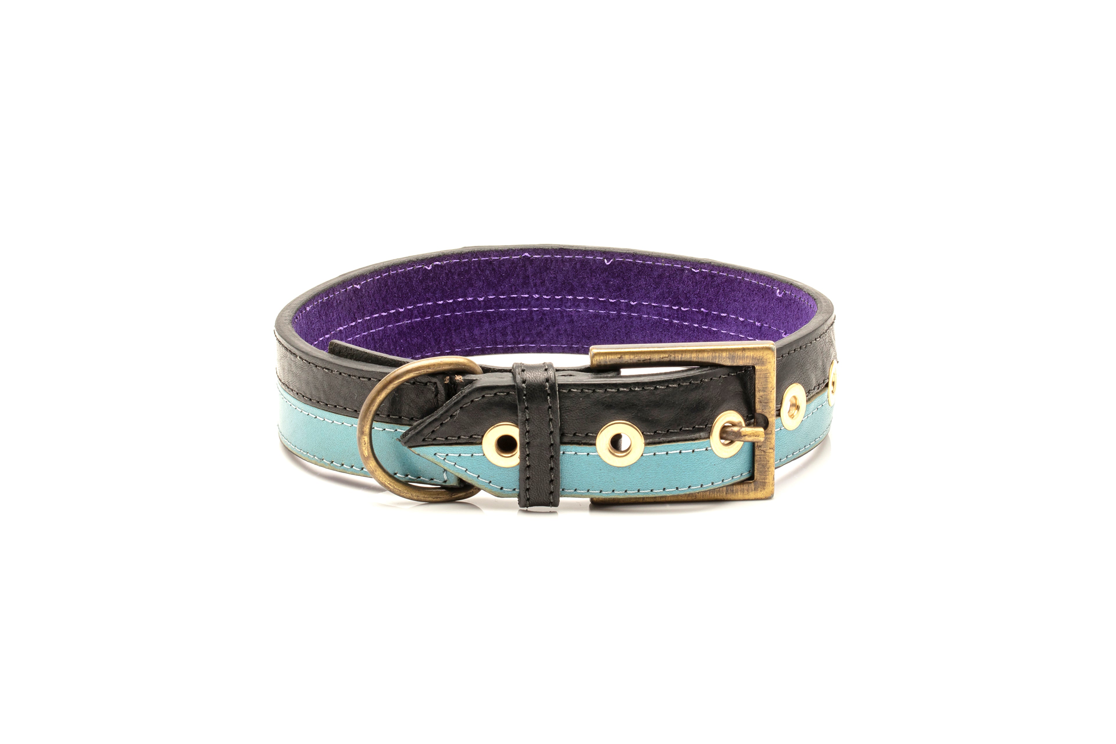 TWO-TONE CONTRAST LEATHER COLLAR IN YUCATAN BLACK & TURQUOISE BLUE