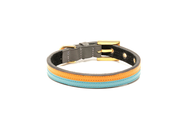 TWO-TONE CONTRAST LEATHER COLLAR IN TURQUOISE BLUE & VIBRANT ORANGE