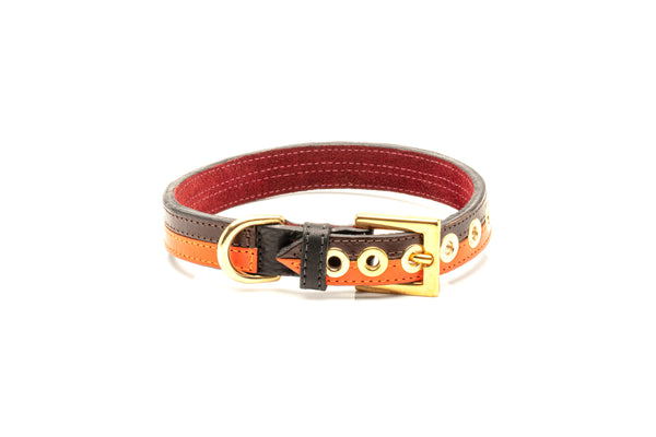 TWO-TONE CONTRAST LEATHER COLLAR IN YUCATAN BROWN & VIBRANT ORANGE