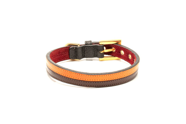 TWO-TONE CONTRAST LEATHER COLLAR IN YUCATAN BROWN & VIBRANT ORANGE