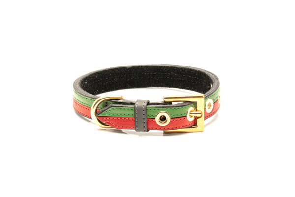 TWO-TONE CONTRAST LEATHER COLLAR IN RACING GREEN & CHERRY RED