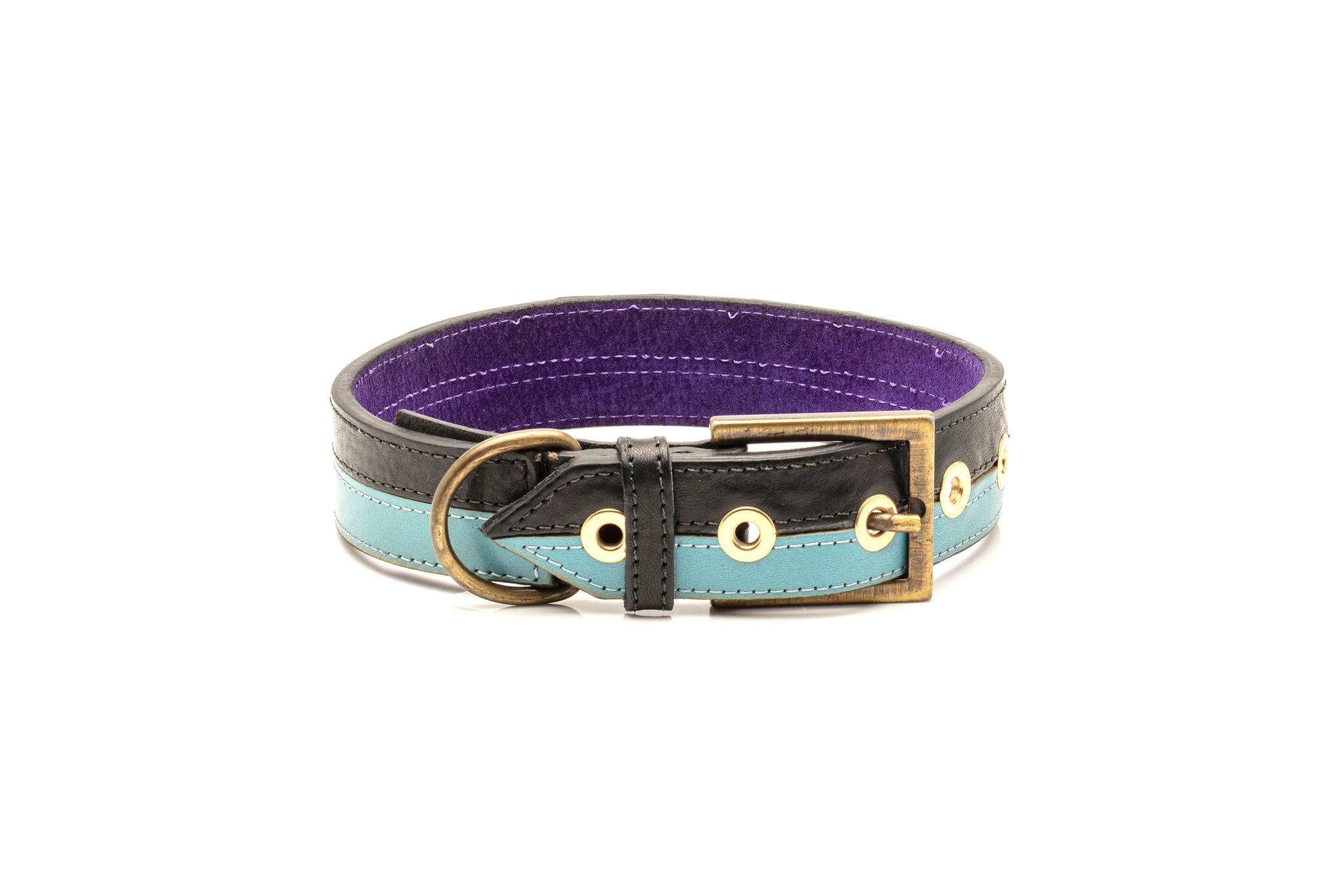 TWO-TONE CONTRAST LEATHER COLLAR IN  YUCATAN BLACK & TURQUOISE BLUE