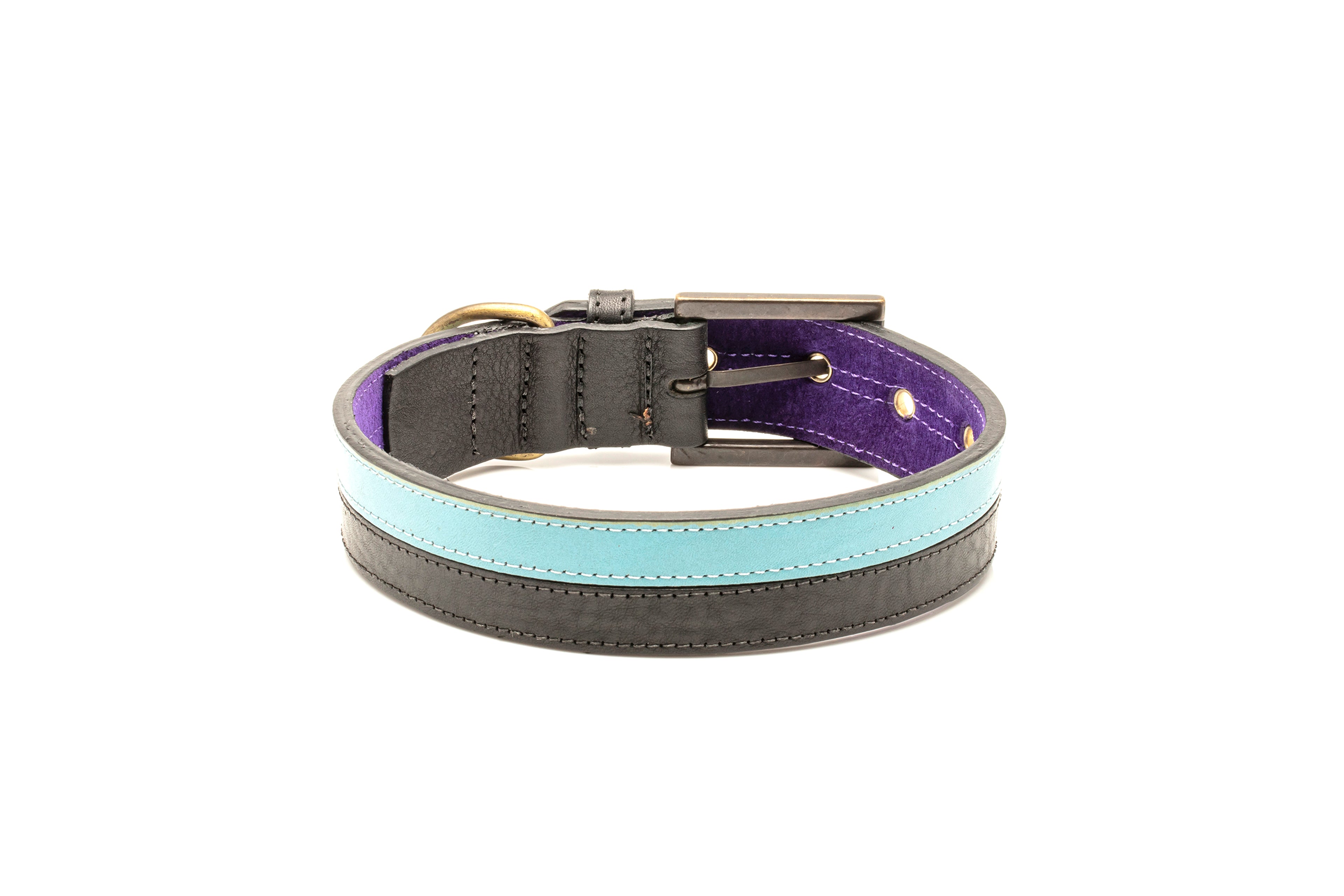 TWO-TONE CONTRAST LEATHER COLLAR IN  YUCATAN BLACK & TURQUOISE BLUE