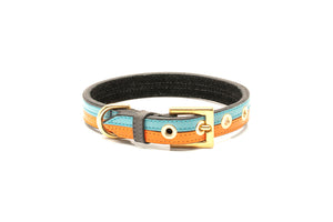TWO-TONE CONTRAST LEATHER COLLAR IN TURQUOISE BLUE & VIBRANT ORANGE